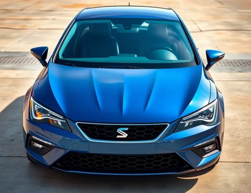 A high-quality image depicting a Cupra Leon with a replaced windshield. The car is parked on a clean, well-lit surface. The replaced windshield is seamlessly integrated with the original, showing no visible seams or imperfections. Focus on the details of the windshield replacement process, highlighting the modern automotive technology involved.