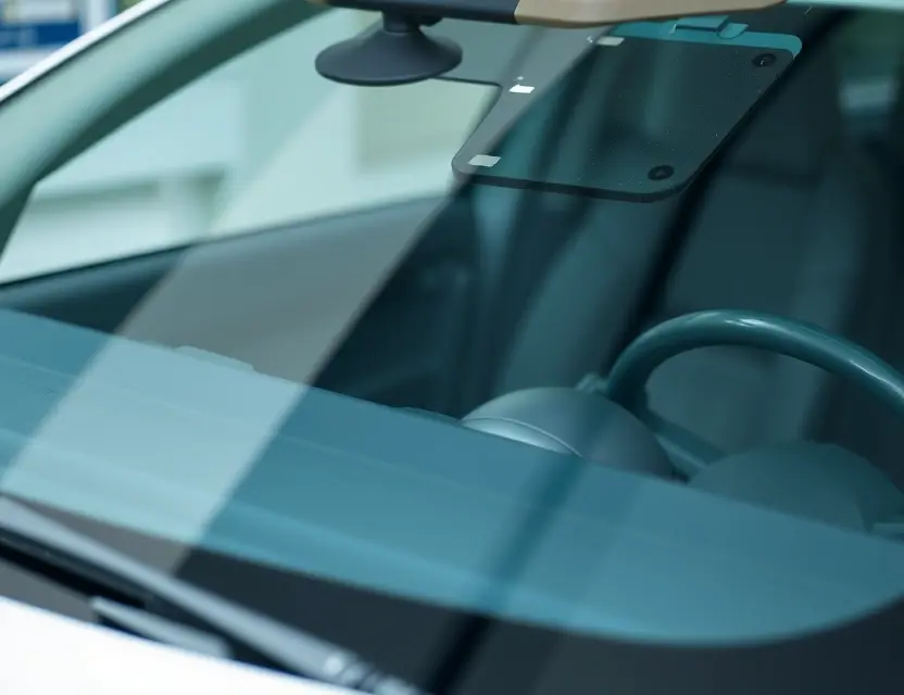 A close-up shot of a car windshield being replaced. The windshield replacement process is visible, showing the technician working with tools and the new glass. The car is a ChangFeng Liebao CS6. Focus on the replacement process and the new windshield.