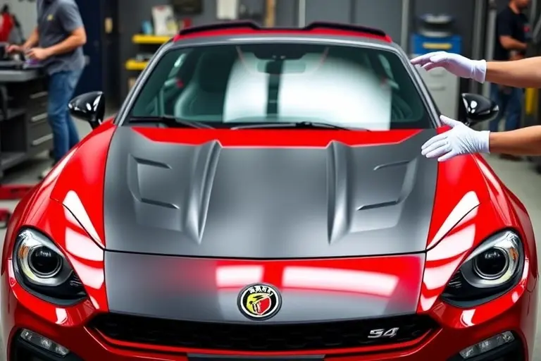A sleek Abarth 124 Spider 1.4 MultiAir 140 hp parked in a professional auto workshop, with the front windshield partially removed and a mechanic's hands holding a new windshield ready to install. Emphasize the car's distinctive design, the glossy red paint, and the detailed glass panels. Include workshop tools like suction cups, gloves, and a clean, well‑lit environment, focusing on the windshield replacement process.