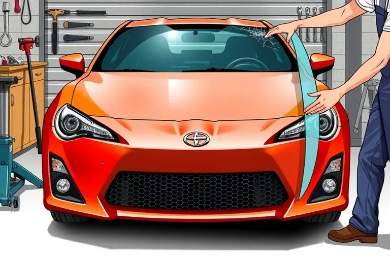 A detailed, realistic illustration of a Scion FR‑S 2.0L 200hp (2012‑2016) car with its windshield being replaced. The image should show the front of the vehicle, the old cracked windshield partially removed, and a mechanic holding a new clear glass panel in front of the car. The setting is a garage with a workbench, tools, and a car jack. Focus on the car’s front profile, the windshield area, and the mechanic’s hands. The scene should be bright, with clear lighting and realistic textures, but no text, letters, or numbers should appear.