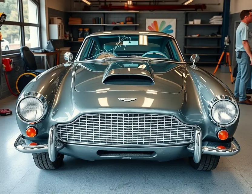 A high-quality image of an Aston Martin DB6 with a cracked front windshield being replaced by a new clear glass, showing a professional auto glass repair shop setting with tools and technicians, realistic lighting, detailed car exterior, no text or numbers on the image