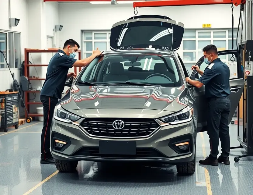 Замена лобового стекла Baojun 560 A high-quality automotive workshop scene showing a Baojun 560 sedan with its front windshield being professionally replaced by mechanics using specialized tools, clean garage environment, bright lighting, realistic car details, no text or logos