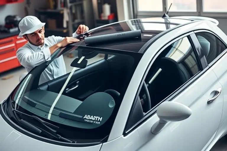 A sleek Abarth Fastback 1.3 Turbo Flex with a partially removed windshield, showing a professional mechanic in clean workwear using specialized tools to replace the glass. The scene highlights the car's distinctive sporty lines, the open cabin, and the new windshield being positioned, with a well-lit garage background and subtle reflections on the car body.
