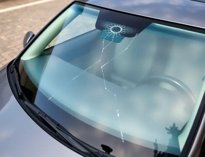 A close-up shot of a Volkswagen Passat with a cracked windshield, showing the area where the windshield needs replacement. The car is parked outdoors on a paved surface. Focus on the damaged windshield area.