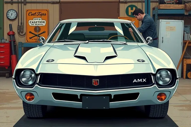A detailed illustration of a 1969-1970 AMC AMX with a 5.9L V8 engine, shown from the front in a classic garage. The windshield is being removed and replaced by a mechanic using vintage tools, with the car's sleek, angular body and iconic front grille clearly visible. The scene captures the metallic shine of the car, the glass fragments, and the workshop atmosphere, focusing on the restoration process.