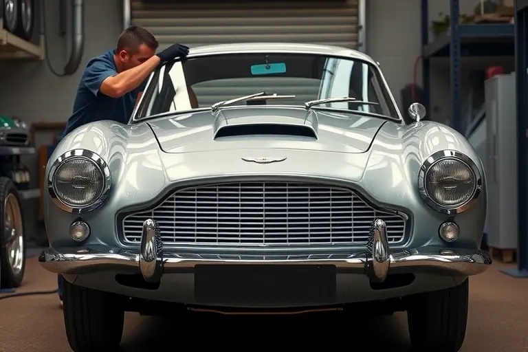 A classic 1958 Aston Martin DB4 shown from the front, with a mechanic carefully removing the old windshield and installing a new glass in a vintage garage setting. The scene highlights the car's elegant curves, chrome details, and the precise glass replacement process, rendered in realistic high detail.