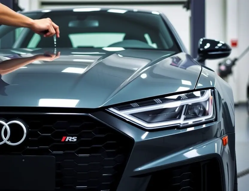 Замена лобового стекла Audi RS7 A high-quality, realistic close-up shot of the front of an Audi RS7 with the windshield being professionally replaced. The image shows a new, clear glass windshield being carefully aligned and installed by a technician using specialized tools. The car's sleek, sporty design with its distinctive grille and headlights is visible. The background is a clean, well-lit auto repair shop with soft focus to emphasize the car and the installation process. No text, logos, or watermarks are present.