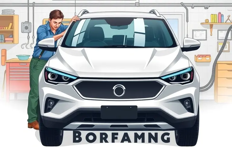 A detailed illustration of a mechanic installing a new windshield on a SsangYong Korando e Motion electric car in a workshop. The focus is on the car's front, showing the new clear glass panel being fitted, with tools and a workbench in the background. The scene emphasizes the sleek design of the Korando e Motion and the precision of the replacement process.