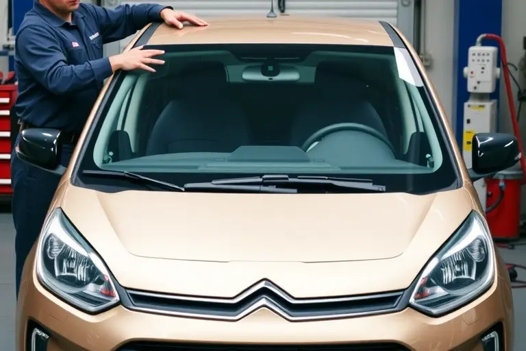 A mechanic replacing the windshield of a Citroën C1 1.0 L 72 hp (2015-2021) in a workshop, showing the car's front, the new windshield, tools, and a clear view of the replacement process