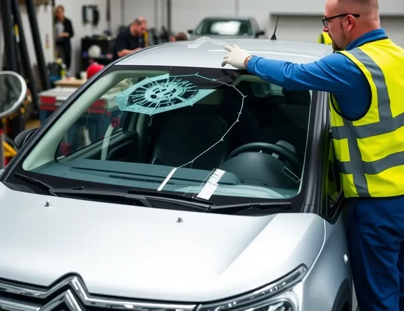 A Citroën C3 with a cracked windshield being replaced by a mechanic. The mechanic is wearing a safety vest and gloves, and the replacement windshield is being installed. The background shows a garage setting with tools and equipment.