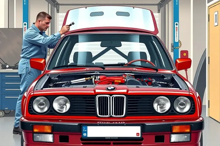 A detailed illustration of a 1986-1987 BMW E30 Alpina C2 2.7 R6 with 190 hp parked in a professional garage. The front windshield is being removed, showing a mechanic in clean workwear using appropriate tools, with the car's interior and frame visible through the open opening. Emphasize realistic lighting, reflections on the glass, and the distinctive Alpina badging on the car, without any text or logos in the scene.
