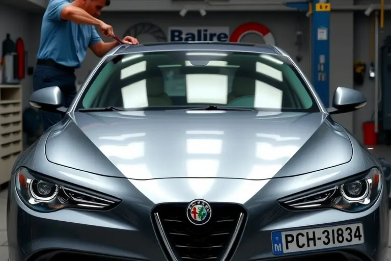 A realistic scene of an Alfa Romeo Giulia 2.0 Turbo (around 2010s) in a workshop, with a professional mechanic carefully removing the old windshield and installing a new one. The focus is on the car's front area, showing the sleek design of the Giulia, the glass being handled with tools, and a clean, well-lit garage environment. Emphasize the details of the car's badge, headlights, and the transparent new windshield being positioned.