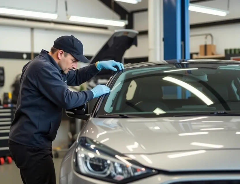 A professional automotive service center showing a technician carefully replacing a windshield on an Austin car model, with clean tools and equipment visible, well-lit indoor garage environment, no people other than the technician, no text or logos