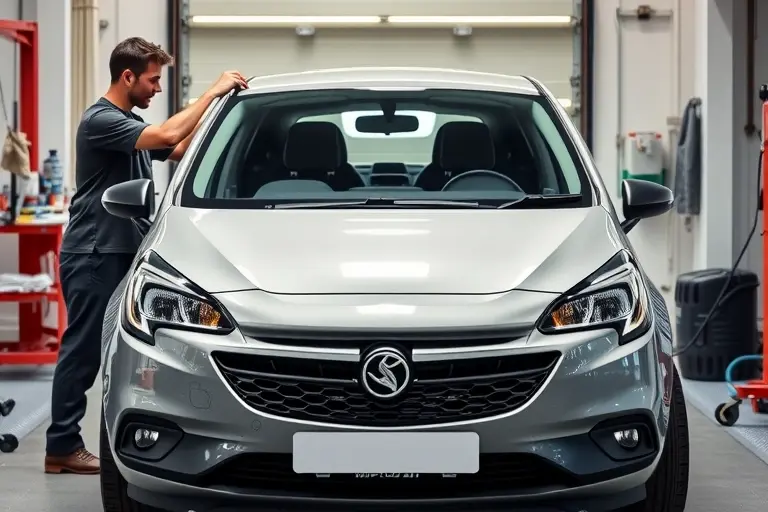 A realistic scene of a Vauxhall Corsa e (electric, 136 hp) in a garage, with a professional mechanic carefully removing the old windshield and installing a new one. The car is centered, showing the front and open windshield area, with tools like suction cups, a windshield removal tool, and a clean workbench. The lighting is bright and natural, emphasizing the car's sleek design and the precision of the replacement process. No text, logos, or unrelated objects are present.