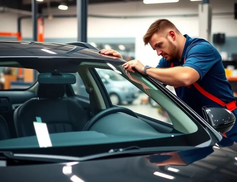A high-quality, realistic photograph of a modern car windshield replacement service, showing a professional technician carefully installing a new windshield on a sedan, with clean tools and a workshop background, emphasizing safety and precision