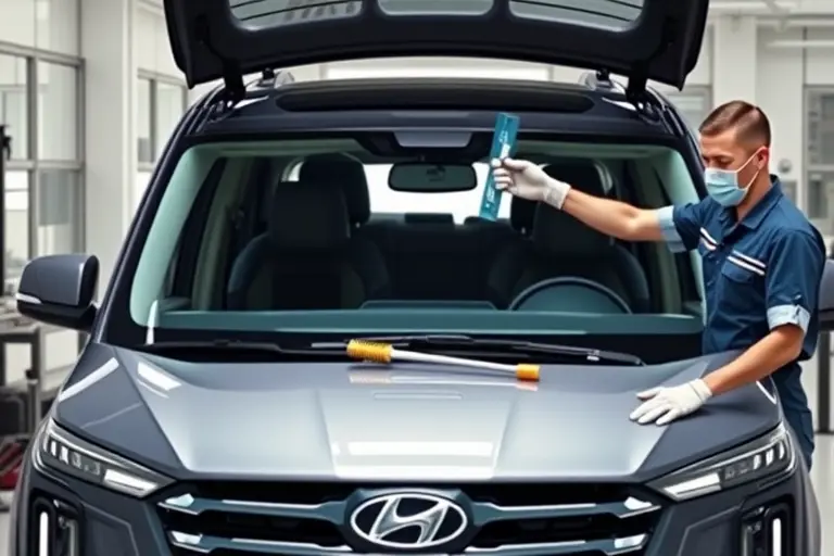 A detailed, realistic depiction of a mechanic replacing the windshield of a Hyundai Palisade 3.8 V6 291 hp (2019 model). The scene shows the vehicle's front open, the old windshield removed, a new windshield being fitted, with tools such as a suction cup, a windshield adhesive kit, and a cleaning brush. The mechanic is wearing protective gloves and a face mask, standing beside the car. The background is a clean garage environment with a workbench and a car jack. The focus is on the windshield area, showing the precise alignment and the use of a suction cup to hold the new glass in place. The lighting is bright and evenly distributed, highlighting the glass clarity and the metal frame. No text, logos, or brand markings should be visible.