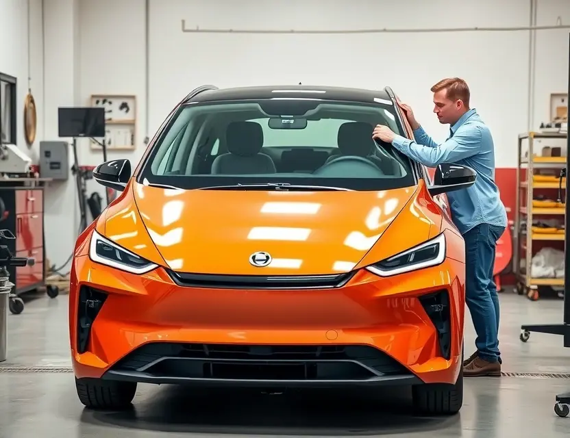 A modern electric car, specifically an Aion LX Plus, with a technician carefully replacing the front windshield using professional tools, clean workshop background, natural lighting, high detail, no text or logos