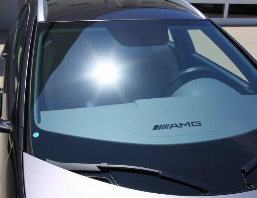 A Mercedes-Benz AMG EQ with a replaced windshield, showcasing the new glass. The car is parked outdoors on a sunny day, with a clean and professional aesthetic. Focus on the clarity and quality of the replacement windshield.
