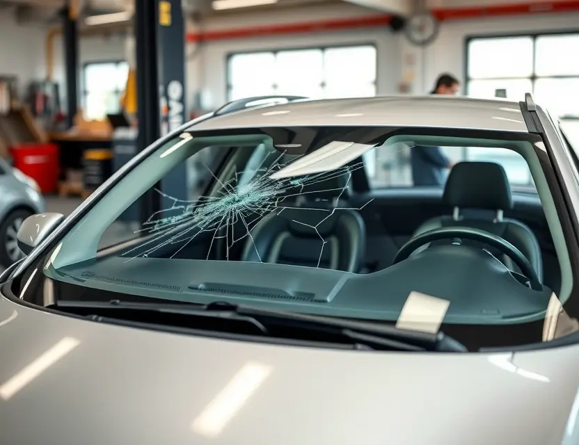 A Wuling Victory car with a cracked windshield undergoing a windshield replacement at an auto repair shop. The shop has tools and parts visible. Focus on the replacement process.