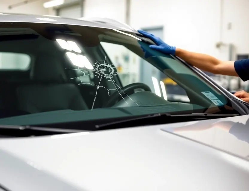 A close-up shot of a Buick Envision with a cracked windshield being replaced by a technician. The focus is on the replacement process, showing the new windshield being carefully installed. The background is a clean, well-lit garage or workshop.