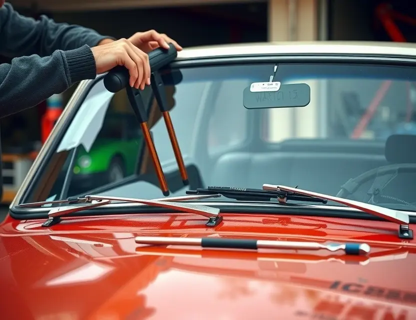 A close-up shot of a mechanic working on the windshield of a Wartburg 1.3 car. The focus should be on the windshield replacement process, showing tools and the replacement glass. The car should be parked outdoors, with a slightly blurred background of a garage or workshop.