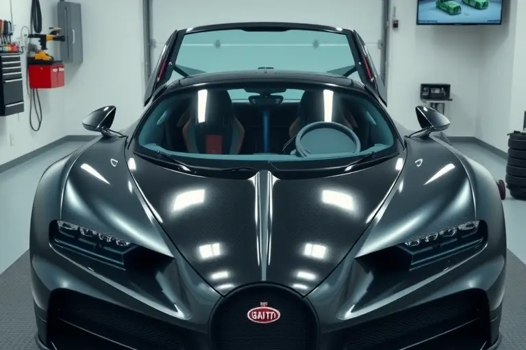 A high‑detail scene of a luxury sports car resembling a Bugatti Divo in a modern garage, with the front windshield being carefully removed by a professional mechanic using specialized tools. The car's sleek carbon‑fiber body and distinctive aerodynamic lines are visible, the surrounding area includes a clean workbench, tool trays, and soft studio lighting that highlights the car's glossy finish. The focus is on the replacement process, showing the windshield frame and the mechanic's hands holding the glass, without any text, logos, or branding visible.