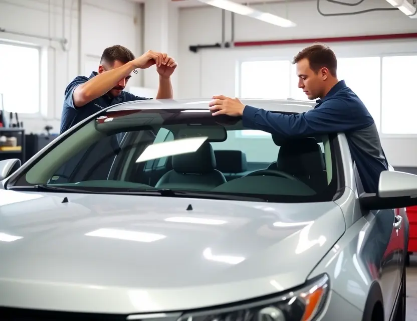 A car mechanic replacing the windshield of a DeSoto automobile in a well-lit garage, with tools and new windshield visible, professional atmosphere, no text or labels