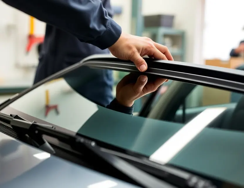 A close-up shot of a Saab 9-3 Aero windshield being replaced by a mechanic. The focus is on the hands of the mechanic working on the windshield, with tools visible in the background. The Saab 9-3 Aero is partially visible in the background.
