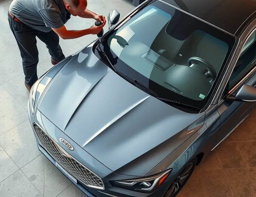 Предлагаем услугу по замене лобового стекла Genesis G70 A high-quality image depicting the replacement of a windshield on a Genesis G70. The car should be parked on a clean, well-lit surface. A mechanic is shown working on the windshield, with tools visible. The focus should be on the replacement process, highlighting the new windshield being installed.