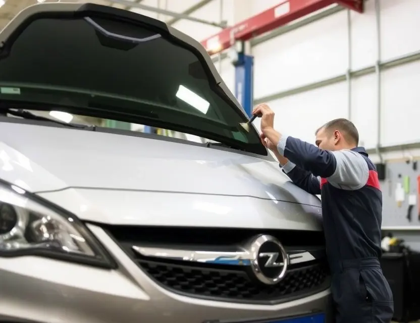 A mechanic is replacing a windshield on an Opel car in a garage. The car is raised on a lift, and the mechanic is using tools to remove the old windshield and install a new one. Focus on the car and the mechanic's hands working on the windshield.