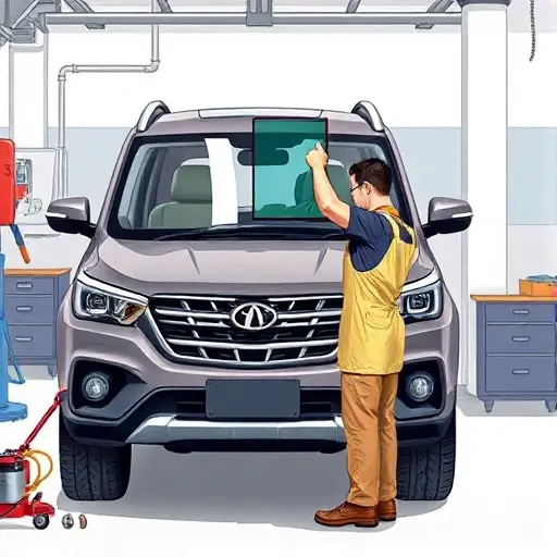 A detailed, high-resolution illustration of a BAIC BJ80 SUV in a garage, with a mechanic in a work apron replacing the front windshield. The car is partially open, showing the windshield area, with a replacement glass panel being fitted. Tools such as a suction cup, a glass cutter, and a hand-held vacuum are present. The background shows a clean service bay with a workbench, a car jack, and a toolbox. The scene is well-lit, focusing on the replacement process.