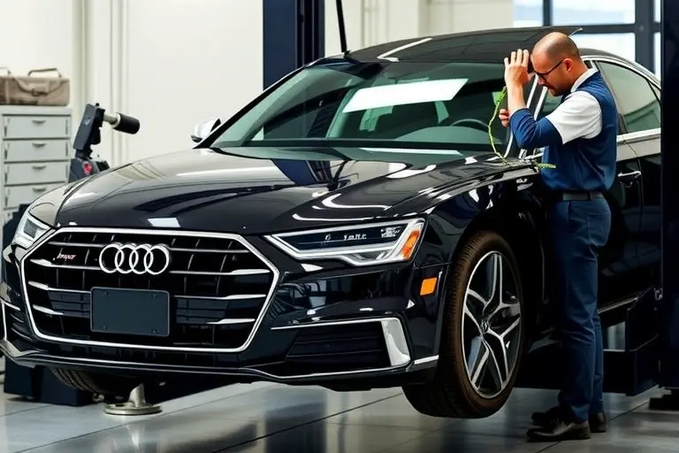 A professional auto repair garage scene showing a sleek black Audi A8 (2017 model) with its front windshield being carefully removed and replaced. The car is positioned on a lift, with a skilled mechanic in a clean uniform using specialized tools to detach the old glass and install a new windshield. Emphasize realistic lighting, detailed car bodywork, and the precision of the replacement process, without any text or branding visible.