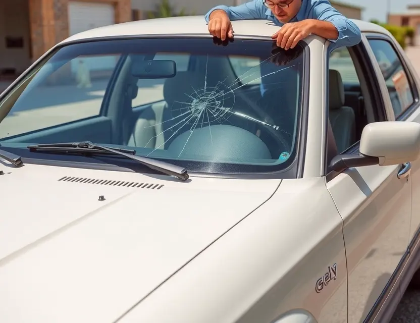 A Geely Coolray with a cracked windshield being replaced by a mechanic. The car is parked outdoors on a sunny day. Focus on the replacement process and the mechanic's tools.