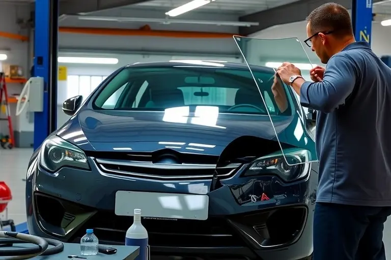 A detailed workshop scene showing a mechanic replacing the windshield on a Cupra Formentor VZ5 2.5 TFSI 390 hp. The car is positioned on a lift, the old glass is removed, a new clear glass panel is being installed. Tools such as a suction cup, a glass cutter, and a vacuum cleaner are present. The background shows a clean garage with a workbench and storage. The focus is on the car and the replacement process, with realistic lighting and depth of field.