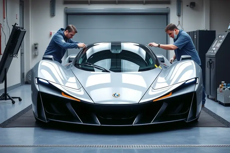 A futuristic electric hypercar Aion Hyper SSR with a powerful 1225 hp engine, shown in a modern service bay where the front windshield is being carefully removed and replaced by a technician using specialized tools; the car's sleek, aerodynamic design and glossy paint are highlighted, with a clean, well-lit workshop background and no visible branding or text