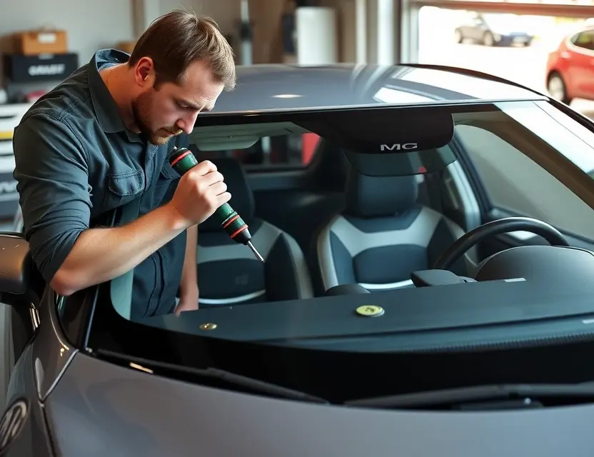 A high-quality image depicting a mechanic working on a car windshield, specifically replacing it. The car is a modern MG model, and the mechanic is using tools to remove the old windshield and install a new one. The scene should be well-lit and show close-up details of the windshield replacement process.
