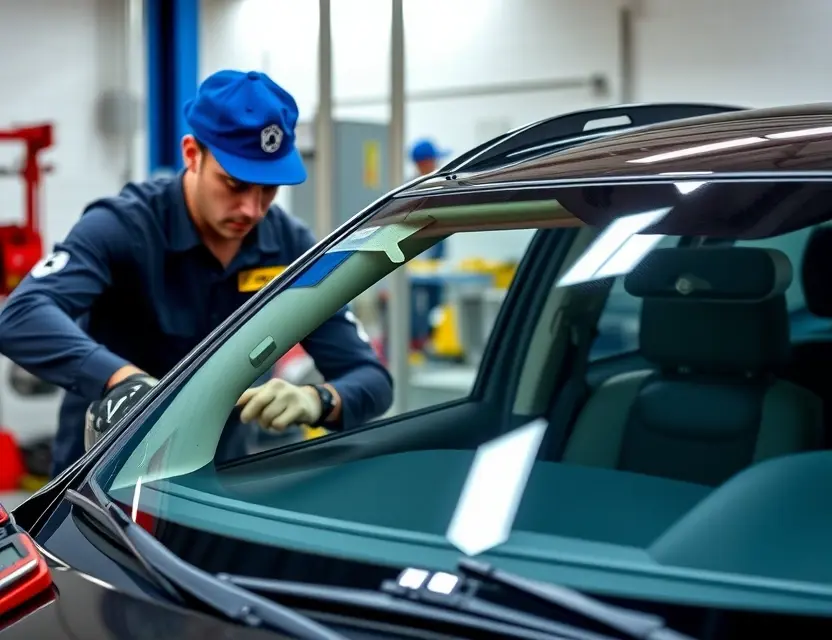 A high-quality image depicting a Bowler windshield replacement service. The image should showcase a technician working on a Bowler vehicle with a new windshield installed. Focus on the professionalism and quality of the work. Include details of the windshield replacement process, highlighting the use of modern tools and equipment. The vehicle should be a Bowler model, clearly identifiable.