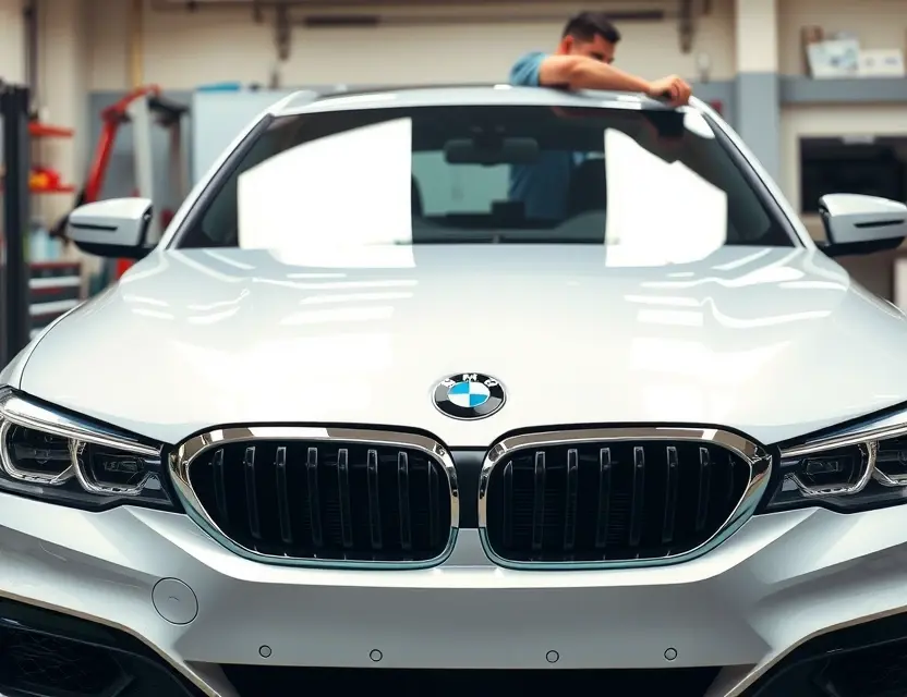 A high-quality, realistic close-up shot of a BMW 3 Series (G20) front end in a professional auto glass workshop, showing a technician carefully installing a new windshield. The car is clean and modern, with the windshield frame exposed but no glass yet, or the glass being lowered into place. The background features organized tools and a clean garage environment. The lighting is bright and even, highlighting the sleek lines of the vehicle and the precision of the work. No text, logos, or watermar