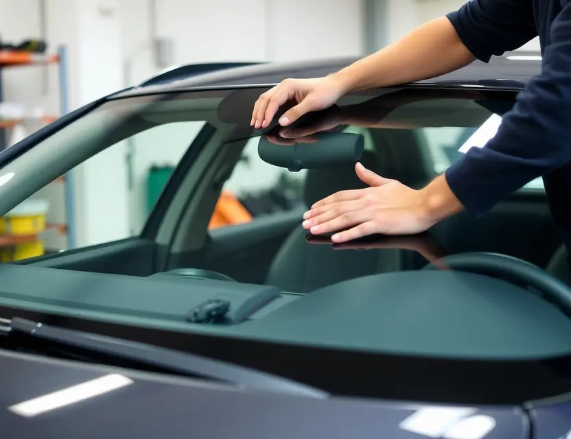 A close-up shot of a car windshield being replaced by a technician. The windshield replacement process should be clearly visible, showing tools and the technician's hands working on the glass. The car should be a modern sedan, and the background should be a clean, well-lit garage or workshop.