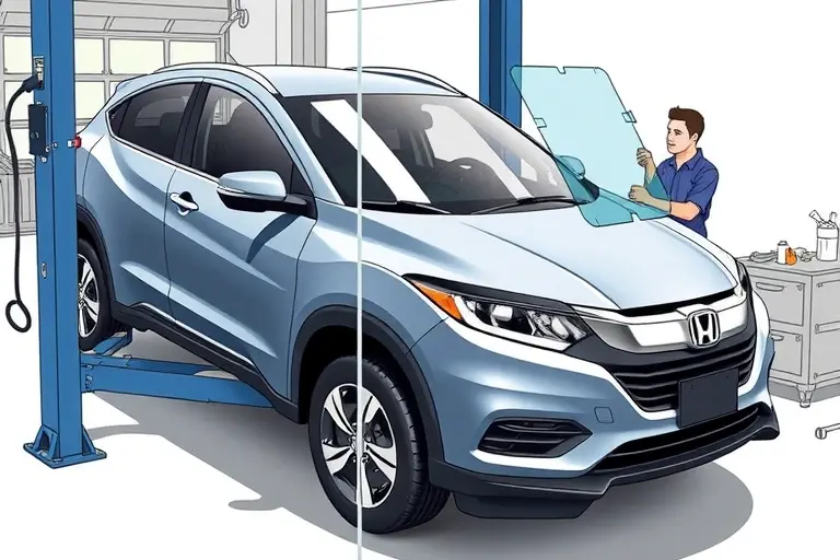 A detailed illustration of a mechanic replacing the windshield of a 2021 Honda HR-V 2.0 Hybrid. The scene shows the car on a hydraulic lift, the old windshield removed, a new clear glass panel being fitted, with tools and a protective film. The background is a clean garage environment with subtle lighting.
