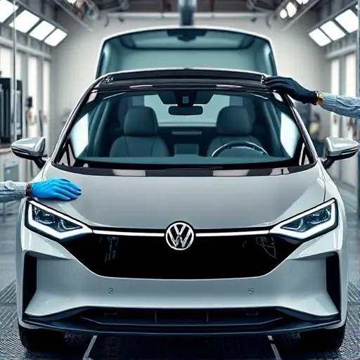 A clean, well-lit automotive workshop scene showing a Volkswagen ID. Buzz electric vehicle (204 hp) with its front windshield being carefully removed and a new windshield being installed. The focus is on the vehicle's sleek futuristic design, the glass panels, and professional tools such as suction cups and protective gloves, without any text, logos, or numbers visible.