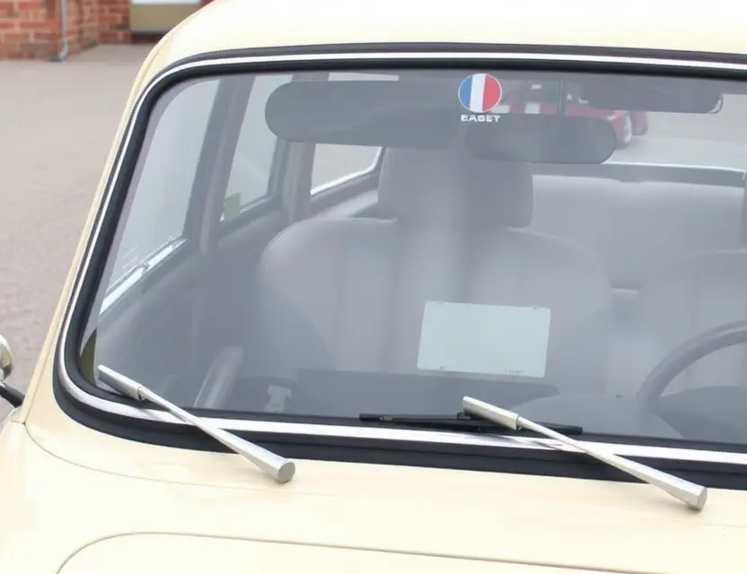 A car, specifically a Bristol 406, with a replaced windshield. The windshield is clear and new, seamlessly integrated with the existing frame. The car is parked on a clean, well-lit surface. Focus on the detail of the new windshield and the car's overall condition.