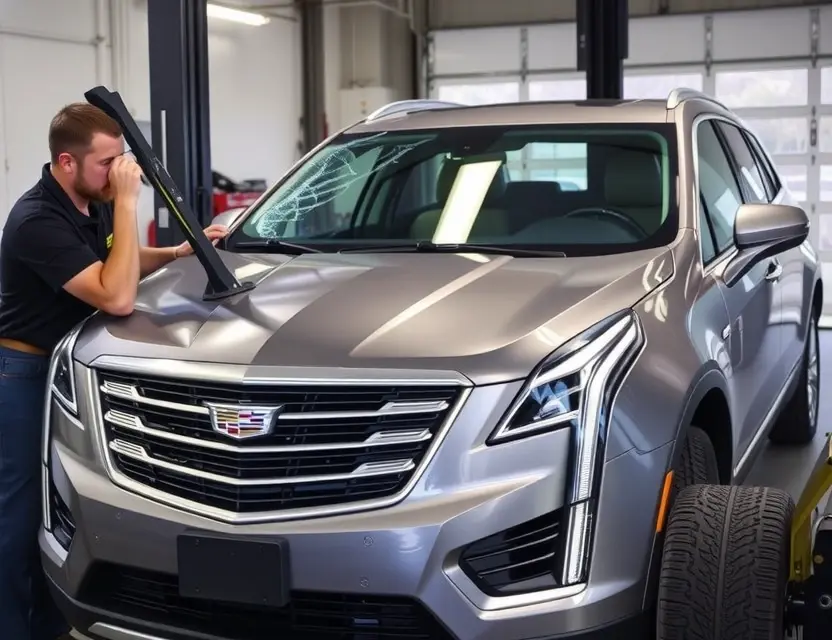 A Cadillac XT5 with a cracked windshield being replaced by a technician. The car is parked on a service lift in a garage. Focus on the replacement process and the technician's tools.