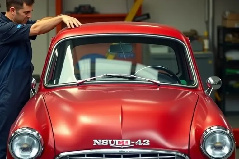 A mechanic replacing the windshield of a 1957-1962 NSU Prinz 0.6 L 30 hp car, showing the front of the car, the old windshield being removed, the new windshield being installed, with tools and a workshop background