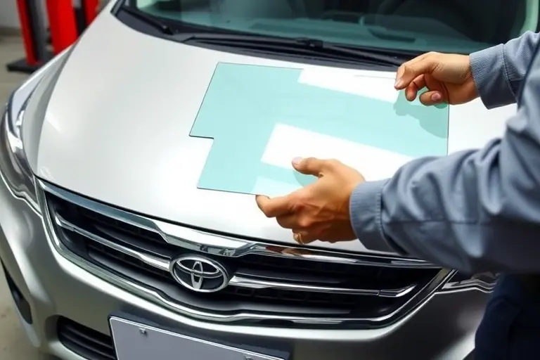 A close-up of a Chery Arrizo 5 car with a new windshield installed, showing the front of the vehicle, the clear glass, and a mechanic's hands holding a replacement glass panel. The scene should emphasize the precision of the installation, with the car's front bumper and grille visible, and a clean, well-lit environment.