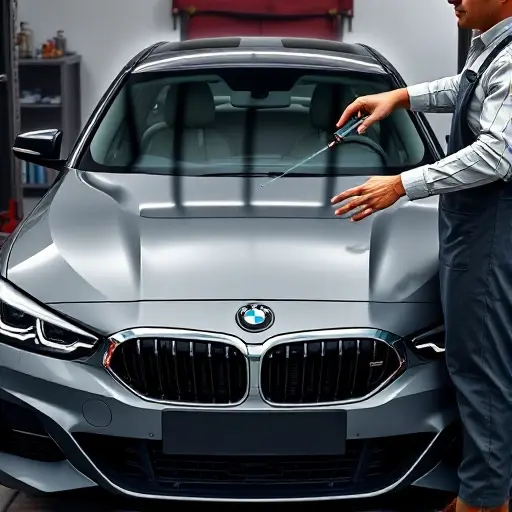 A realistic, high-resolution depiction of a BMW 2 Series G42 (2021) in a garage setting, showing the front of the car with the windshield partially removed. A mechanic in a work apron is holding a new windshield, using tools to install it, with the old windshield discarded. The scene includes the car's hood, the mechanic's hands, and tools, all rendered in a clean, detailed style, with no text, letters, or digits visible.