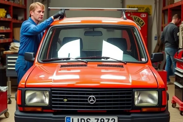 A mechanic in a workshop replacing the windshield of a 1988 Moskvich 2141 1.7L diesel car, showing the car's front side with the old windshield being removed and a new one being installed, with tools and a workbench visible, no text or lettering in the image
