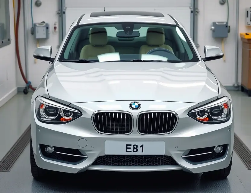 Замена лобового стекла BMW 1er (E81) A high-quality, realistic photo of a BMW 1 Series (E81) parked in a professional auto glass workshop, with the front windshield removed and the frame exposed, showing the bonding area and surrounding bodywork in sharp detail, clean studio lighting, neutral background, no people, no text, no logos