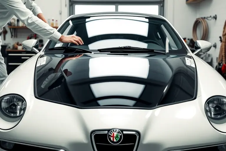 A realistic scene showing an Alfa Romeo Junior car with its front windshield being replaced. The focus is on the car's front end, with a mechanic in protective gear carefully removing the old glass and positioning a new windshield. The car should have a sleek, classic design, and the setting is a clean workshop with tools and equipment visible, but no visible brand logos or text. Emphasize the detail of the glass, the car's contours, and the hands of the mechanic working on the replacement.