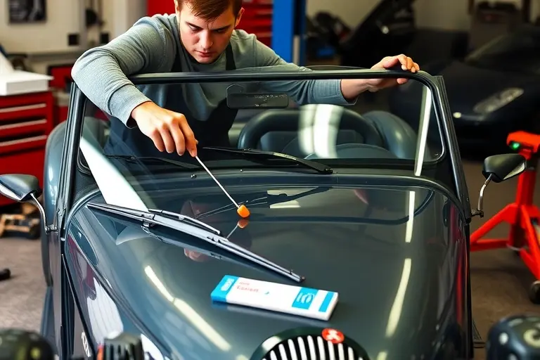 A close-up of a mechanic in a garage, replacing the windshield of a Morgan Plus Six 3.0 BMW I6 Turbo 335 hp. The car’s front is partially open, the old windshield is being removed with a suction cup, and a new windshield is being positioned. Tools such as wiper blades, a windshield adhesive kit, and a car jack are visible. The background shows a workshop with a workbench, car parts, and a subtle hint of the car’s distinctive body shape.